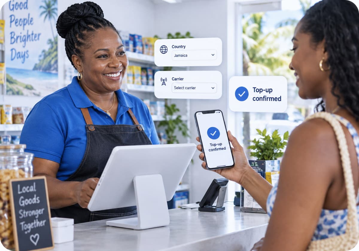 A shopkeeper sending a mobile top-up that is confirmed on the customer's phone
