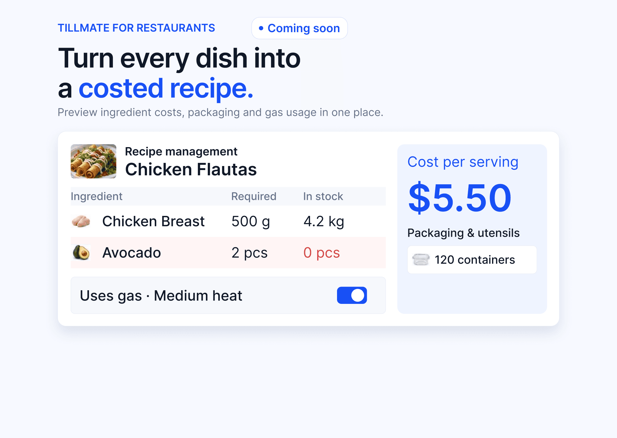 Restaurant design preview: recipe management brings the dish and its inputs together. The module is coming soon.