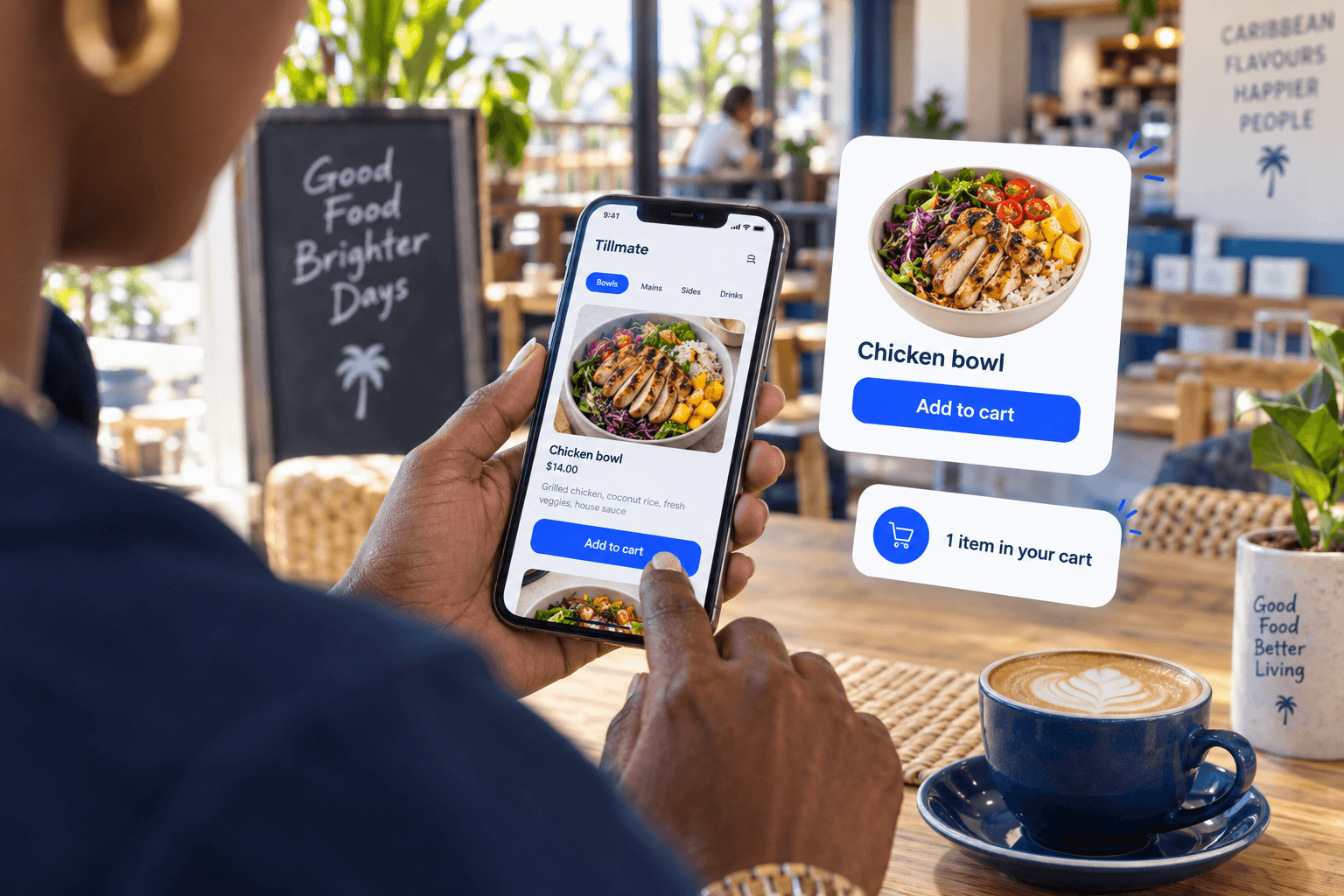Customer adding a chicken bowl to a mobile shopping cart, with a large product and cart overlay